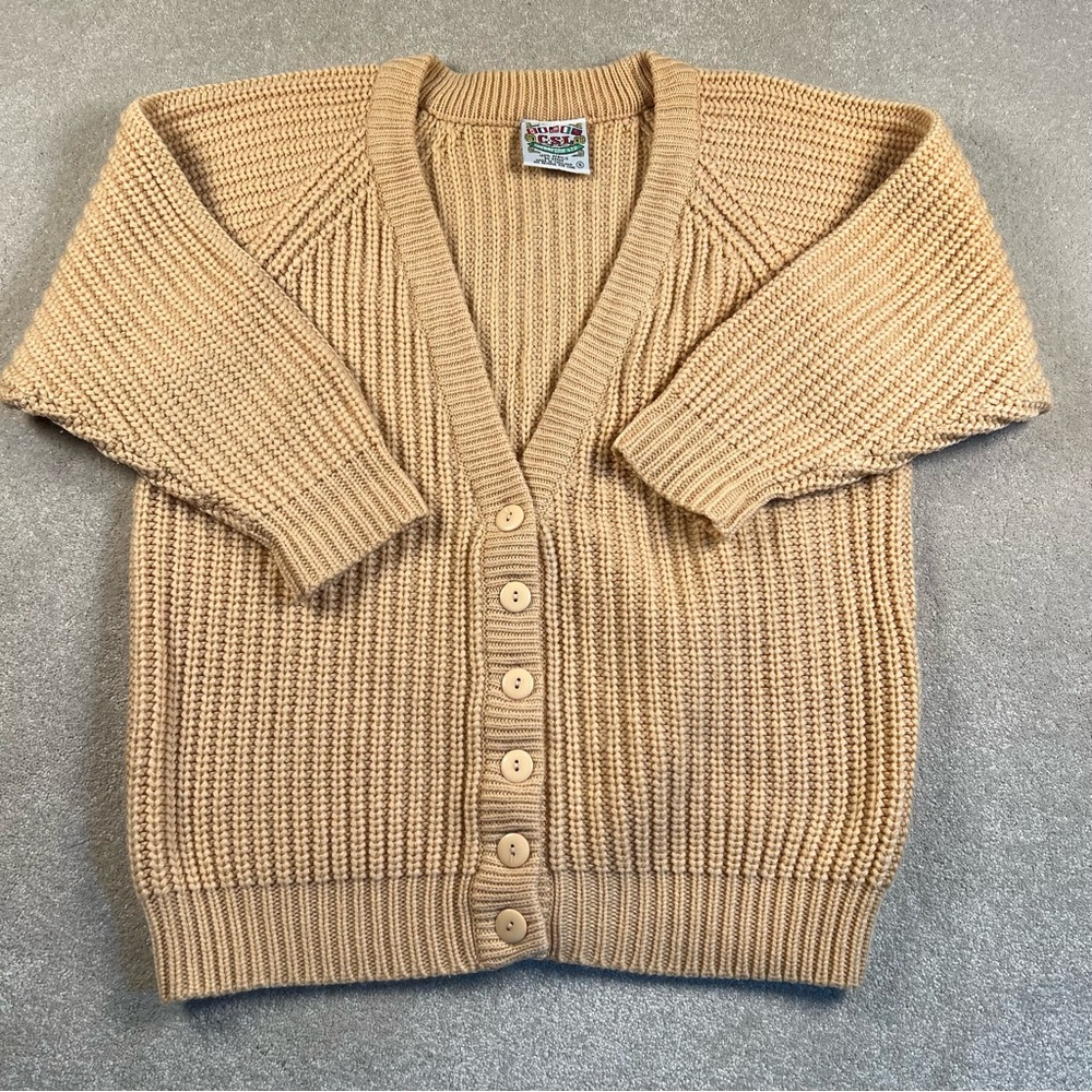 Vintage Sweater cardigan V Neck Thick Knit Button Up Beige/Tan Women's Small